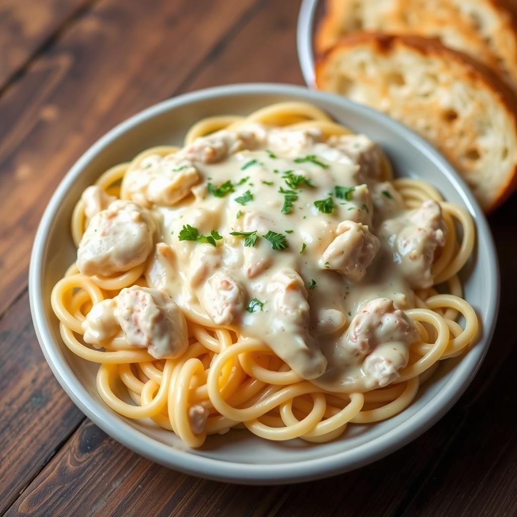 Chicken Alfredo Pasta with Garlic Bread